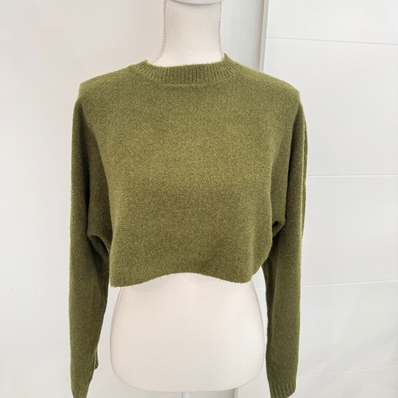 Open Edit Khaki Green Cropped Long Sleeve Sweater XL Jumper Fall Winter - Picture 1 of 7